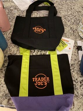 Trader Joe's Black Tote with Lime Straps and Purple Base